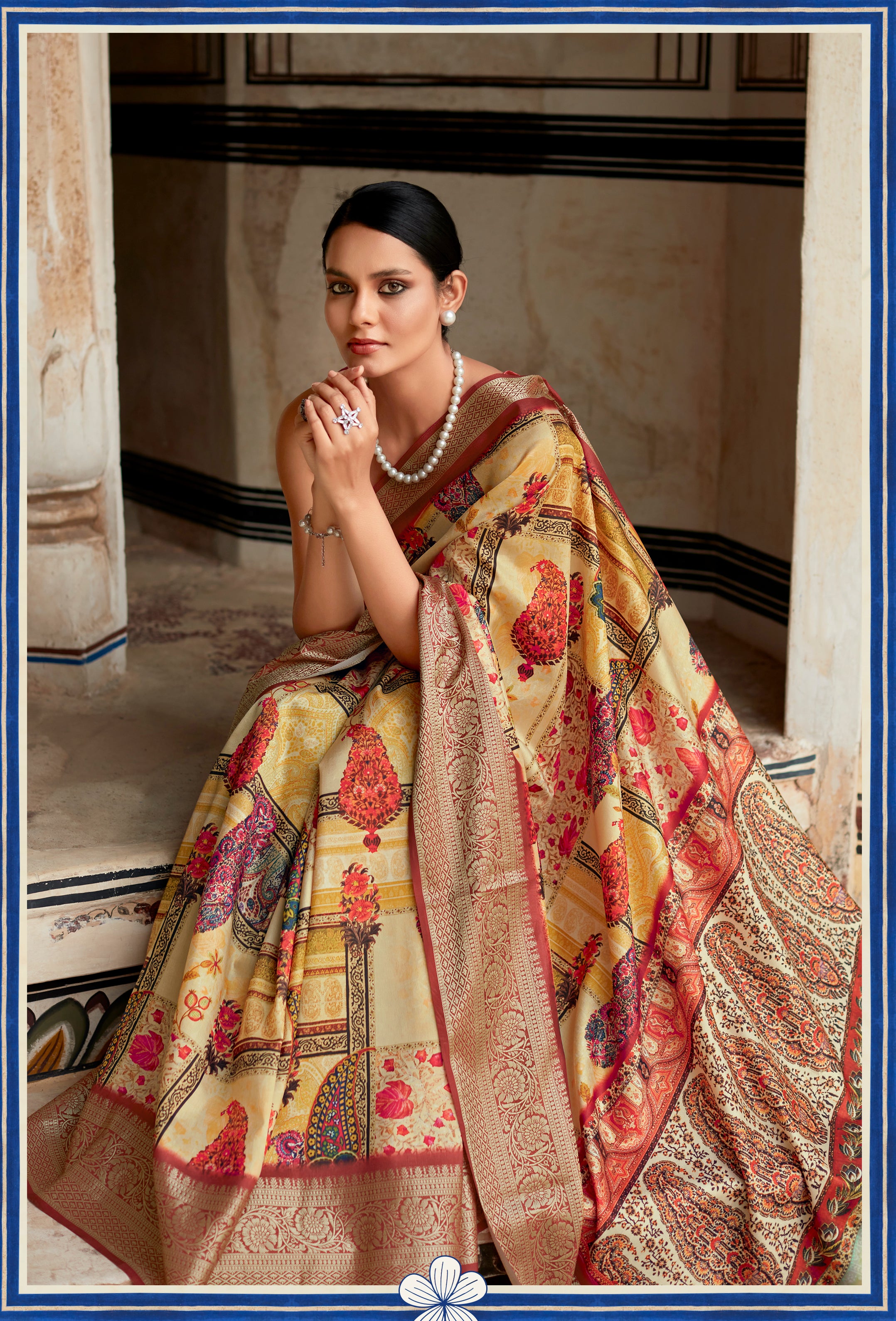 Beige And Multicolor Printed Dola Art Silk Saree