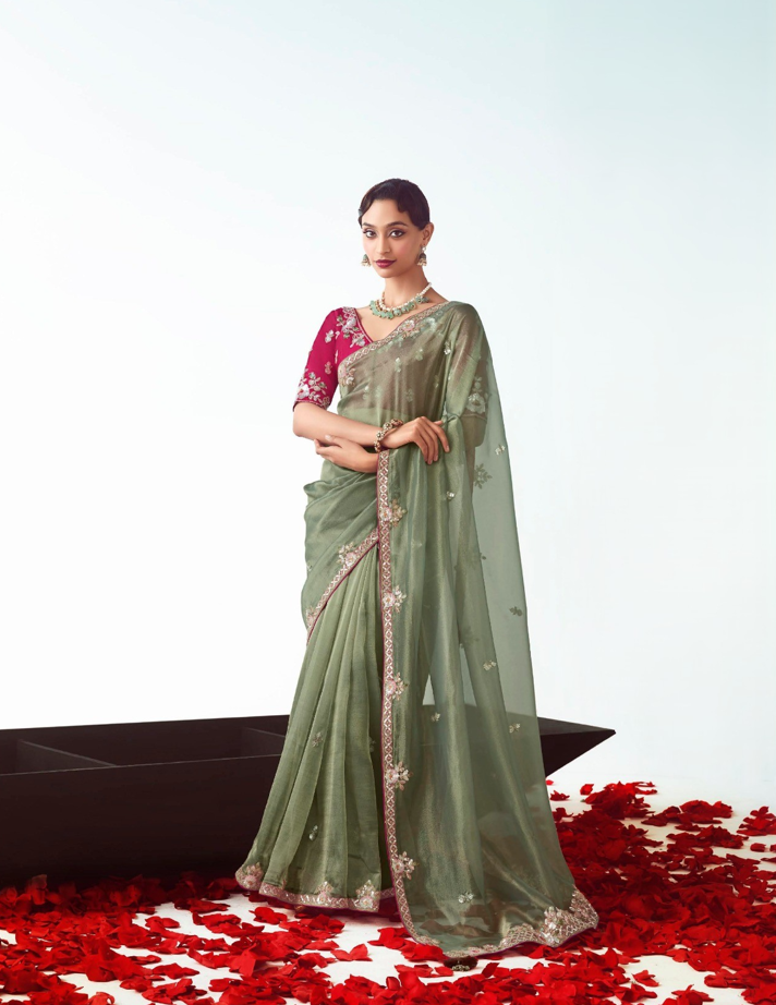 Olive Green Fancy Saree With Work Blouse