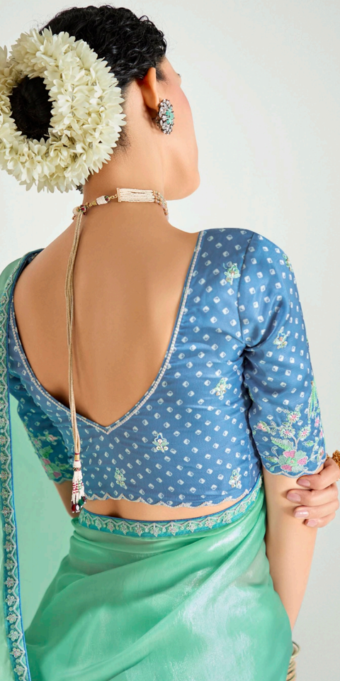 Sky Blue Mint Organza Tissue Saree