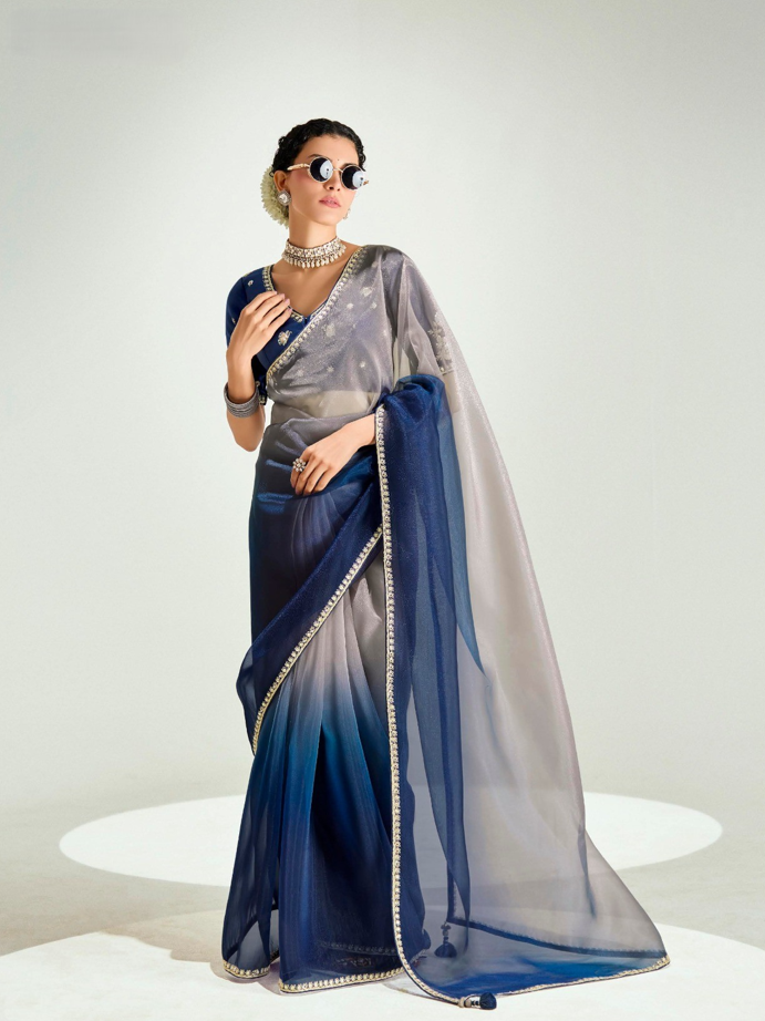 Navy Grey Organza Tissue Saree