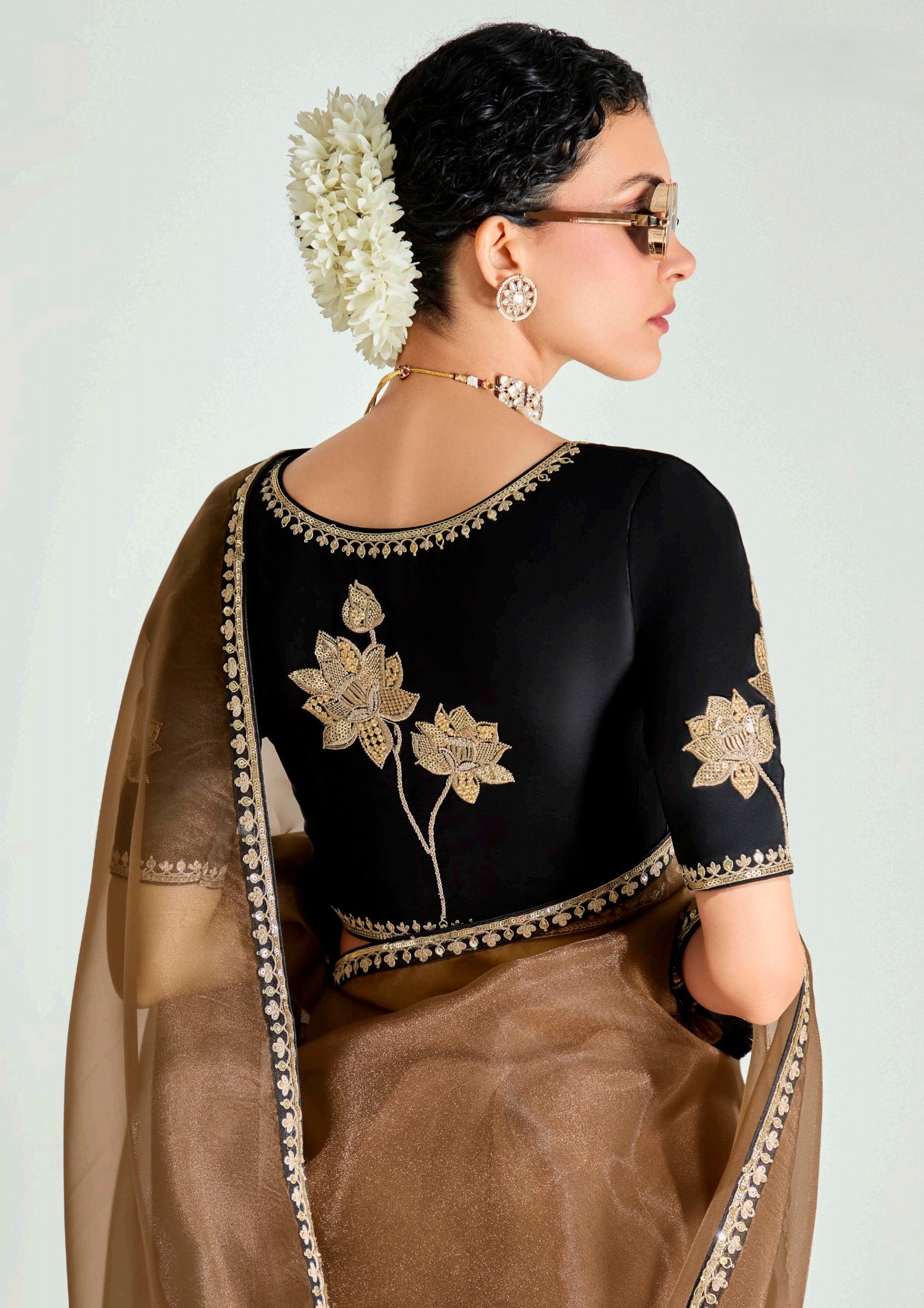 Black Brown Organza Tissue Saree