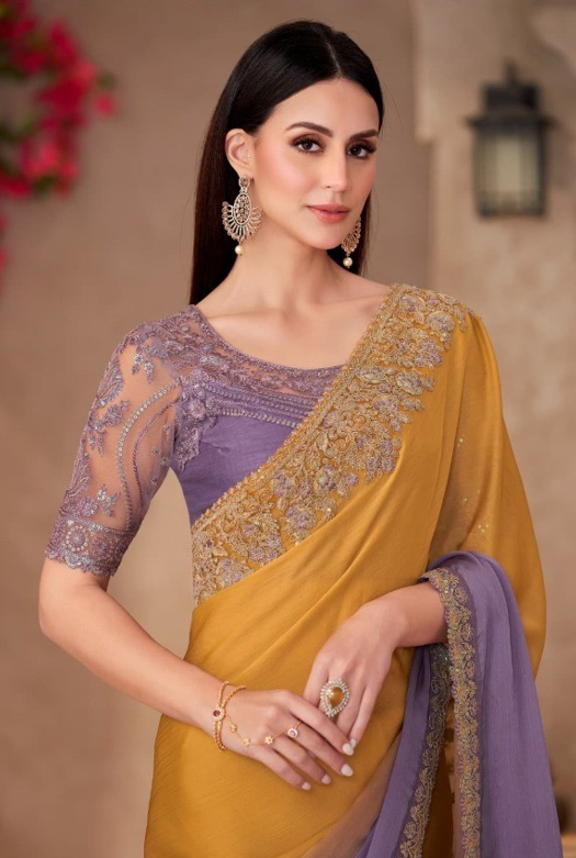 Mustard Yellow & Lavender Ombre Chiffon Saree & Linen Work Blouse