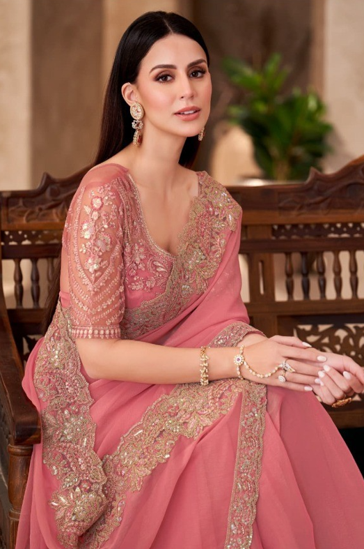 Peach Georgette Saree & Georgette Work Saree