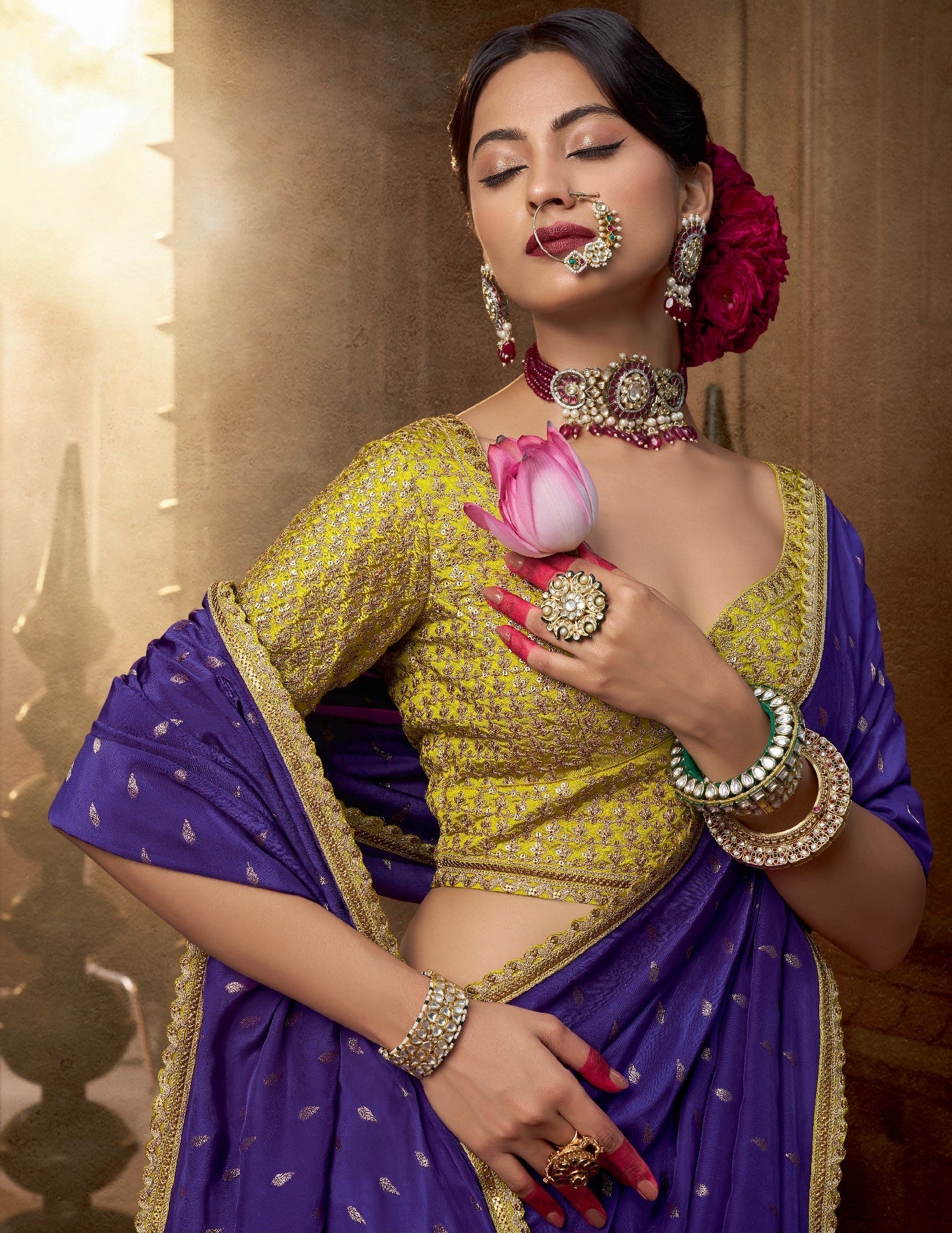 Purple Crepe Saree With Yellow Blouse