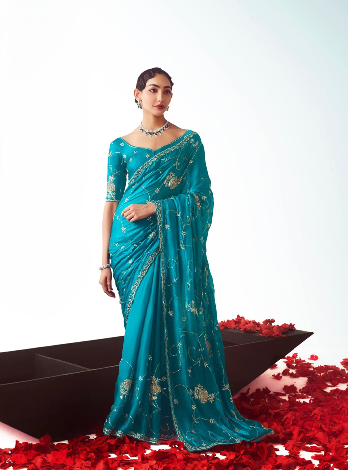 Peacock Blue Fancy Saree With Work Blouse