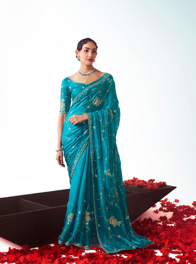 Peacock Blue Fancy Saree With Work Blouse