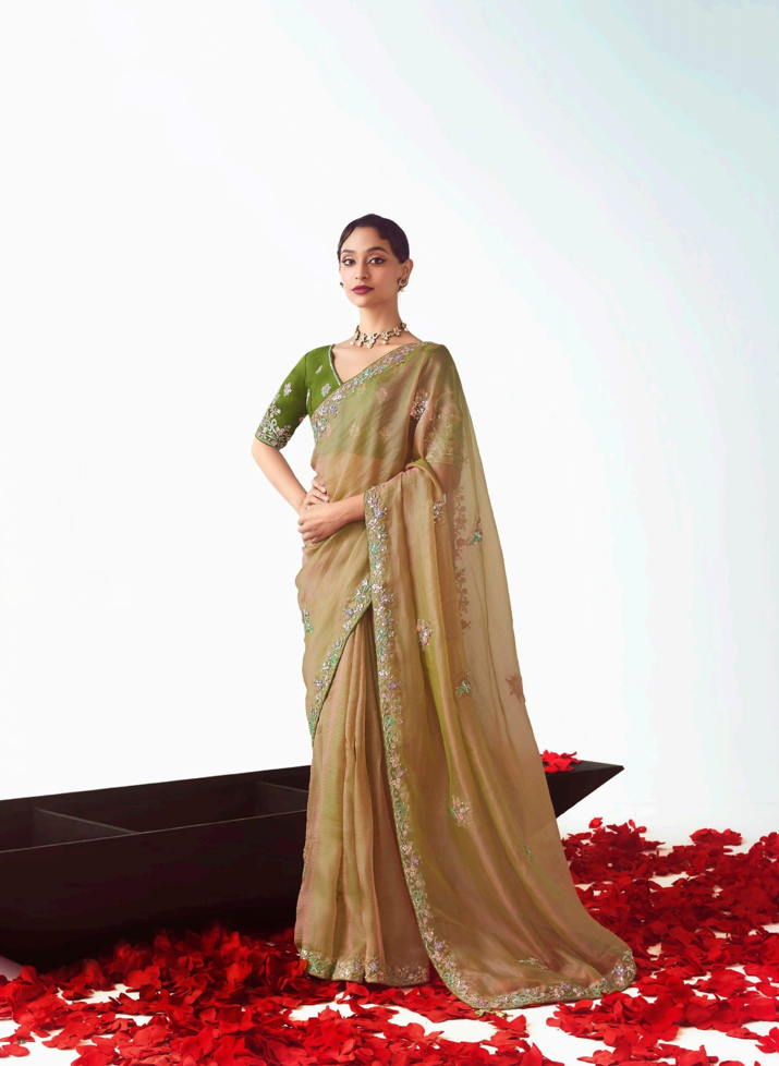 Olive Green Fancy Saree With Work Blouse