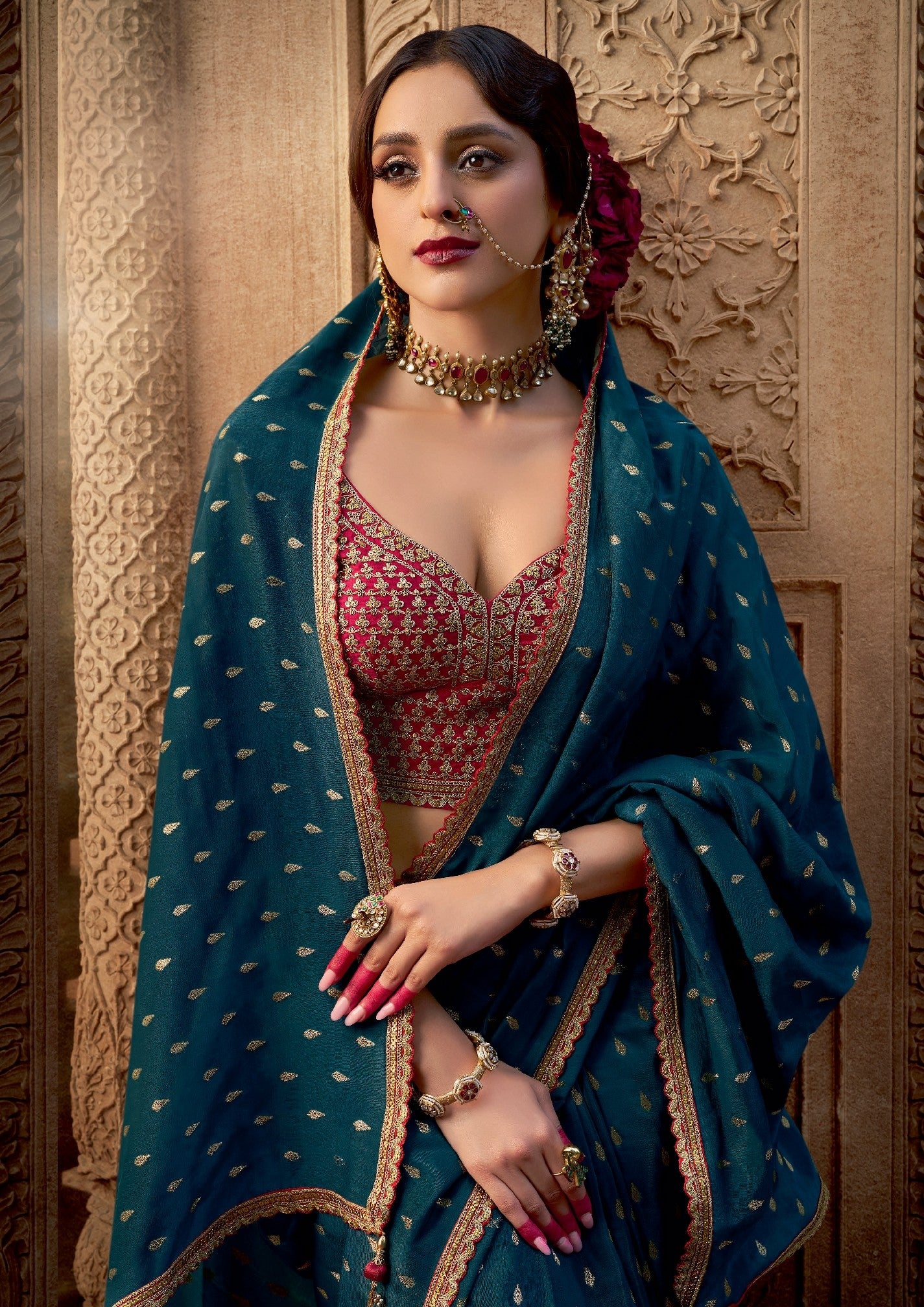 Teal Crepe Saree