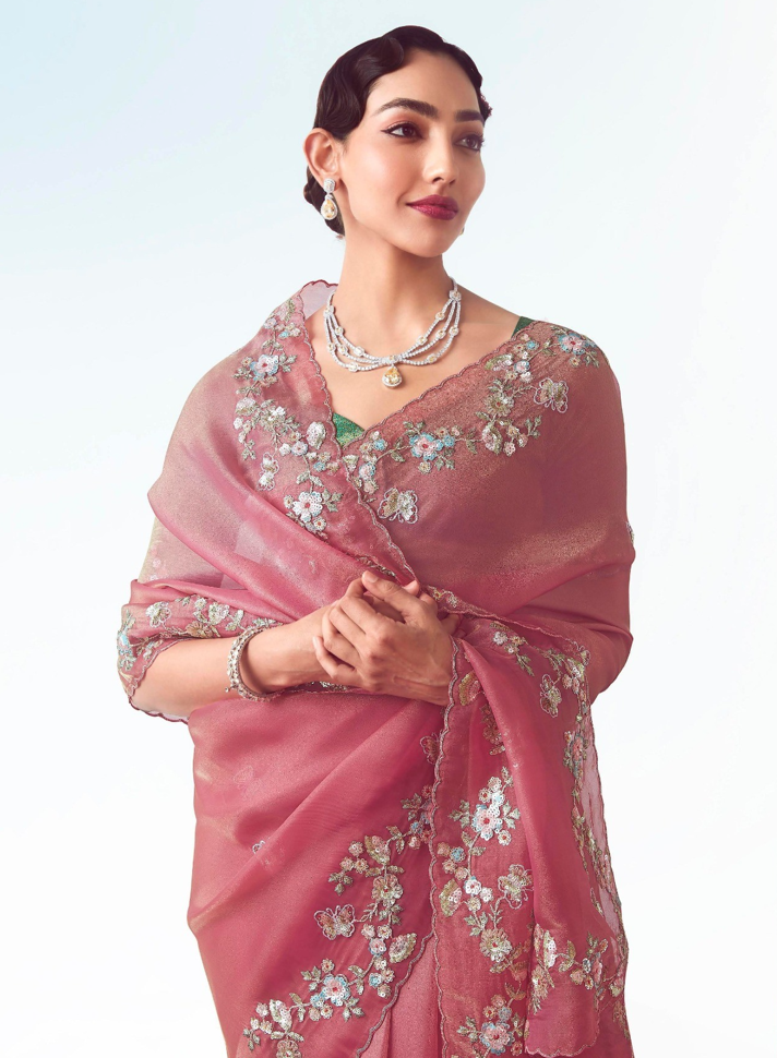 Dusty Rose Fancy Saree With Work Blouse