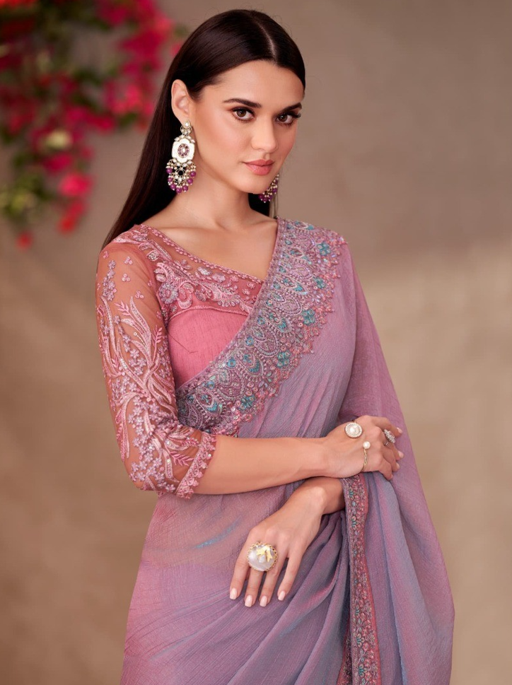 Rich Pink Shining Georgette Saree & Linen Work Blouse