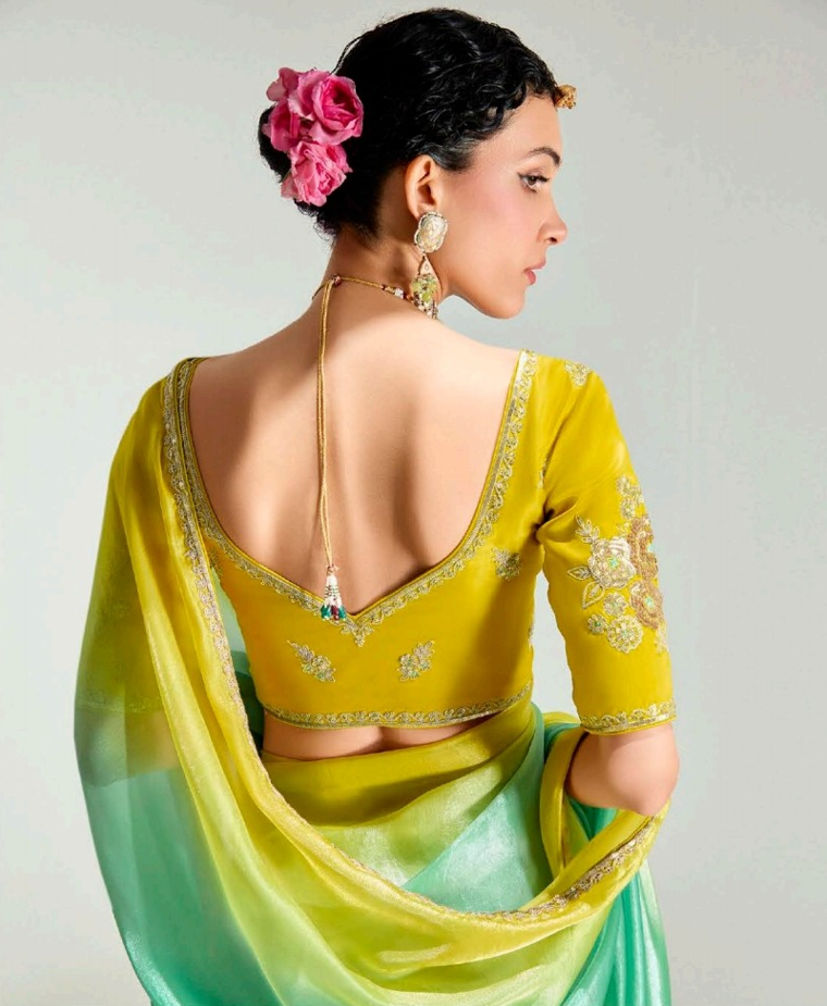 Yellow Green Organza Tissue Saree