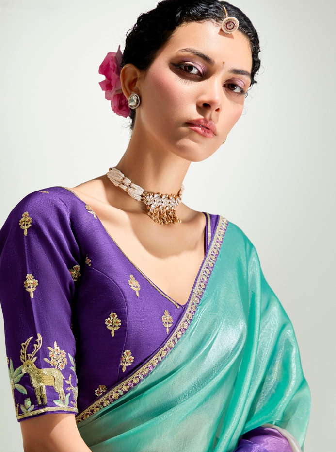 Purple Green Organza Tissue Saree