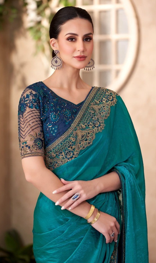 Peacock Blue Satin Georgette Saree & Linen Work Blouse