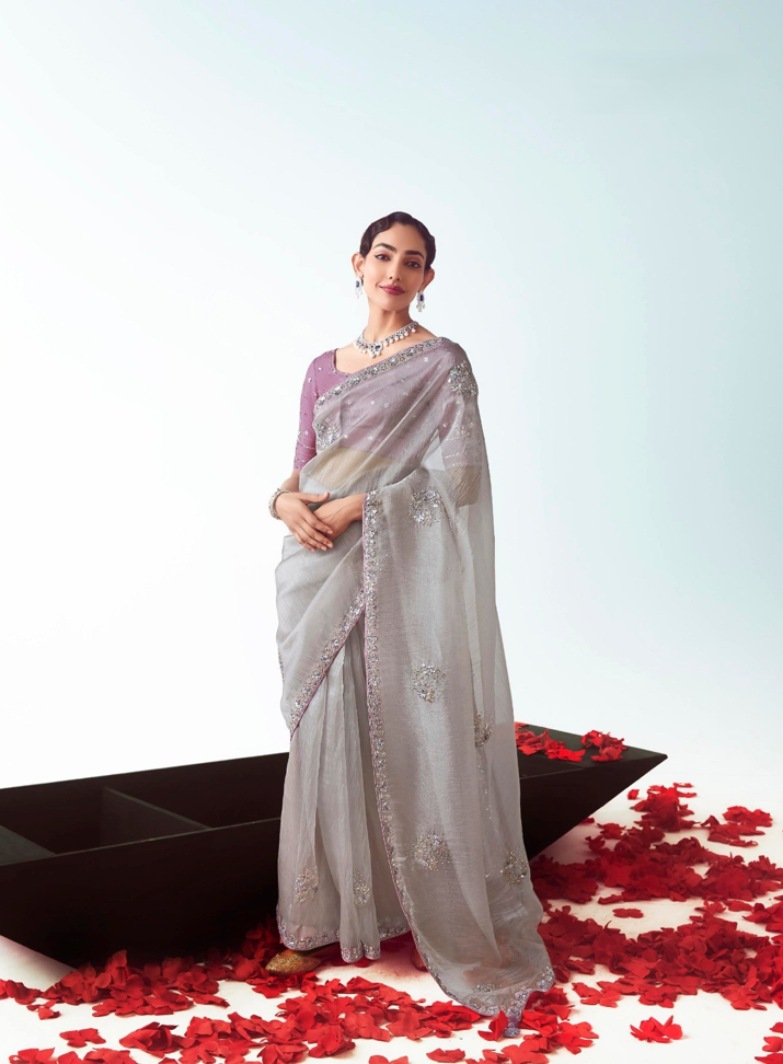 Silver Grey Fancy Saree With Work Blouse