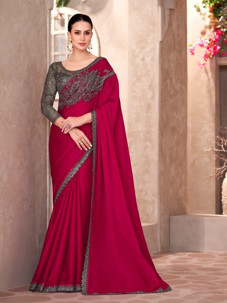Cherry Red Pure Chiffon Saree & Linen Work Blouse
