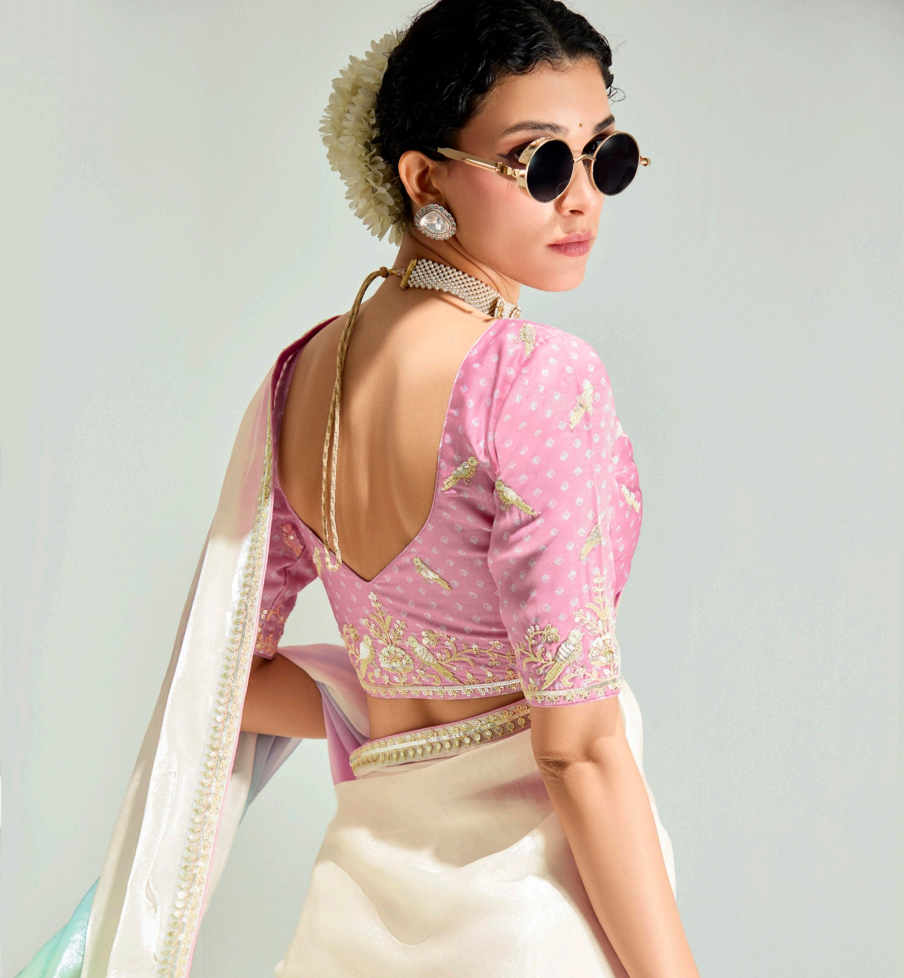 Pastel Pink Blue Organza Tissue Saree