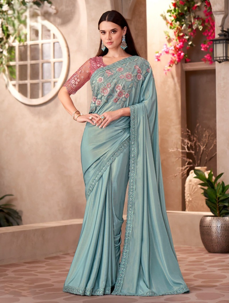 Shimmer Silk Crepe Saree & Linen Work Blouse