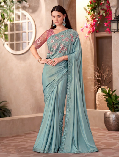 Shimmer Silk Crepe Saree & Linen Work Blouse