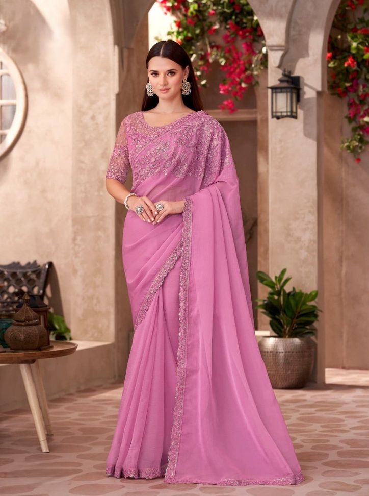 Shine & Silk Pink Chiffon Saree & Georgette Work Blouse