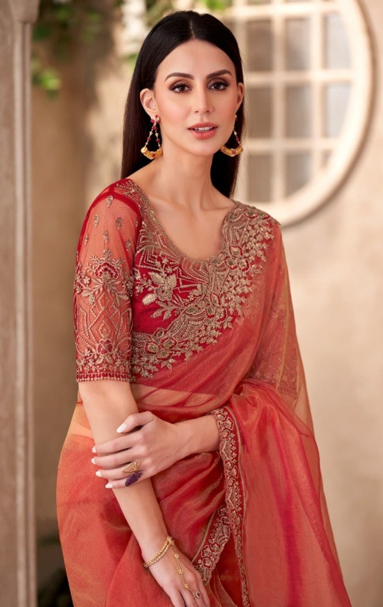 Golden Sparkle Tissue Saree & Linen Work Blouse