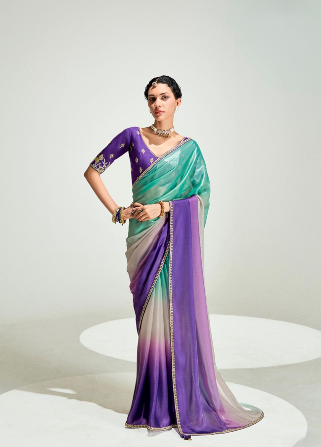 Purple Green Organza Tissue Saree