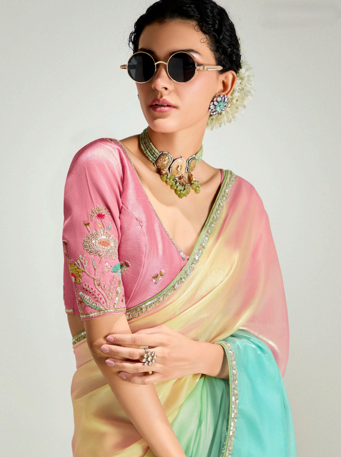 Peach Aqua Organza Tissue Saree