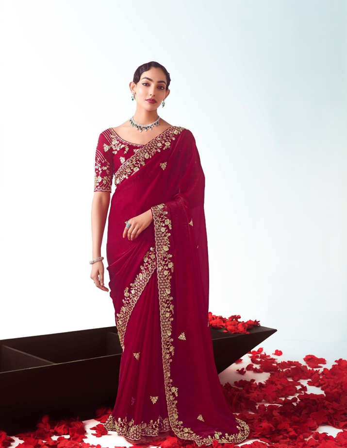 Maroon Fancy Saree With Work Blouse