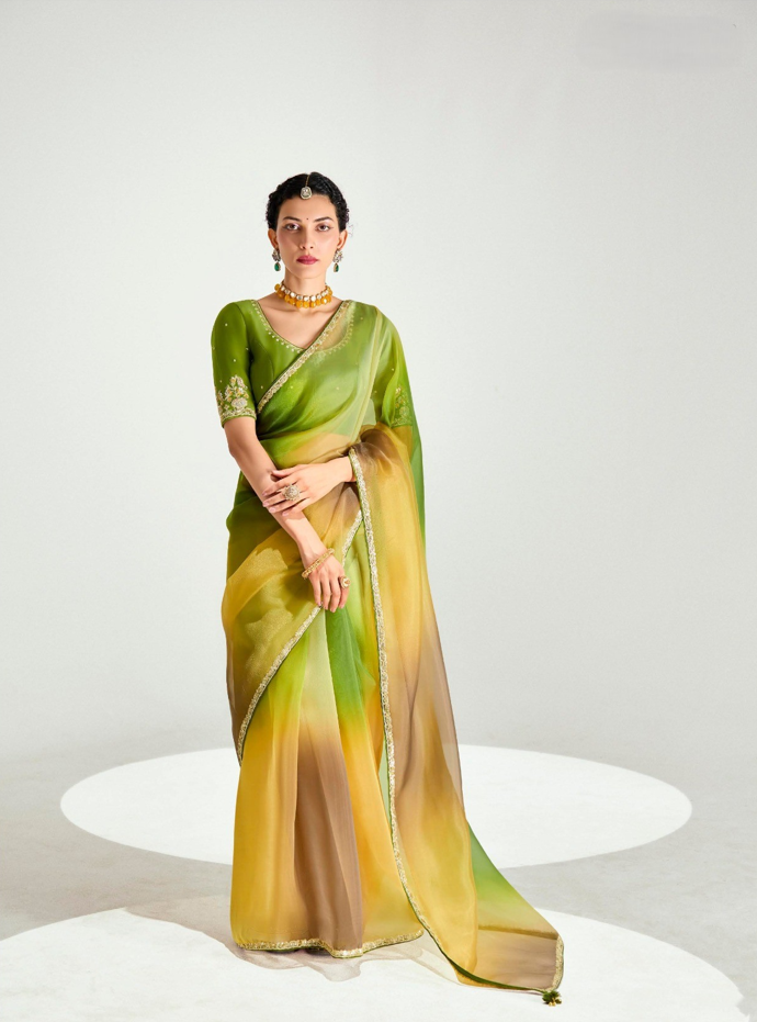 Olive Mustard Organza Tissue Saree