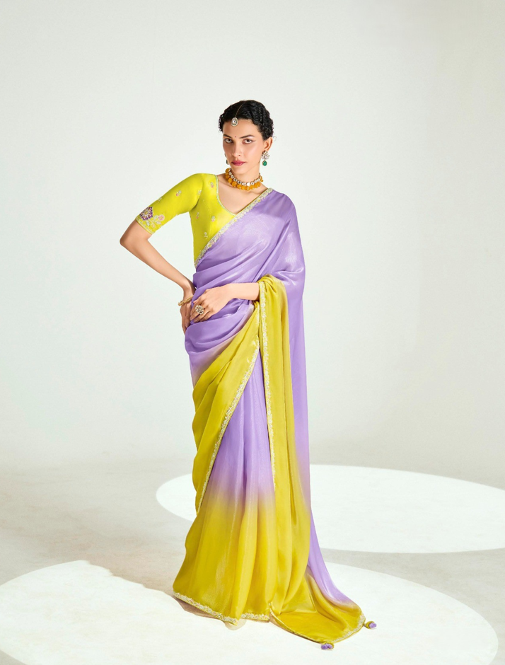 Purple Yellow Organza Tissue Saree