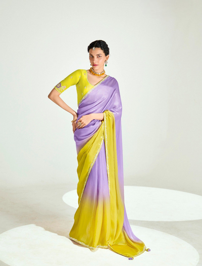 Purple Yellow Organza Tissue Saree