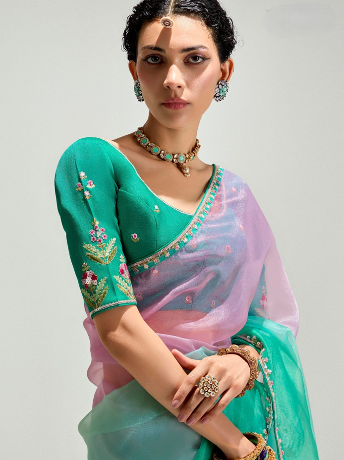 Turquoise Pink Organza Tissue Saree