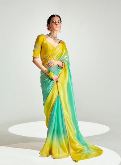 Yellow Green Organza Tissue Saree