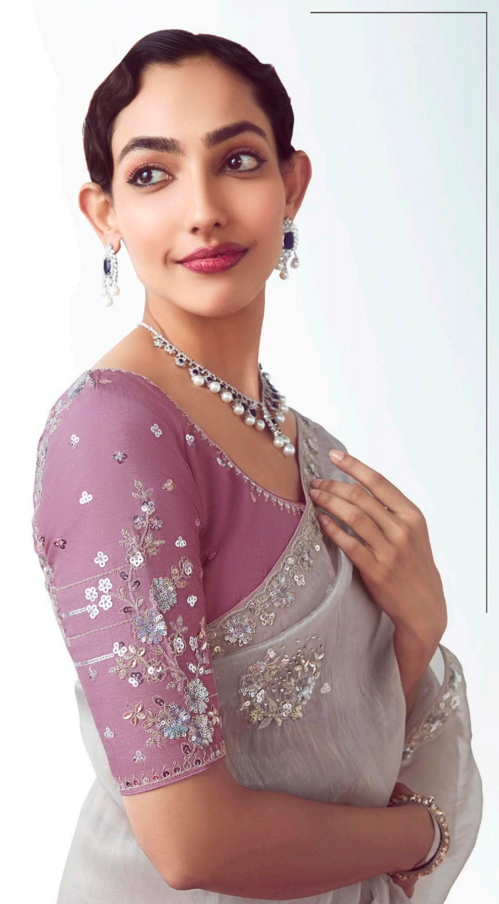 Silver Grey Fancy Saree With Work Blouse