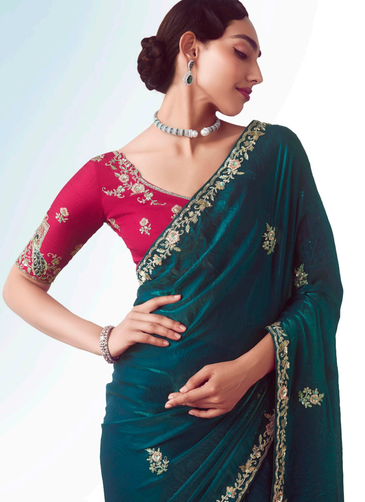 Teal Blue Fancy Saree With Work Blouse