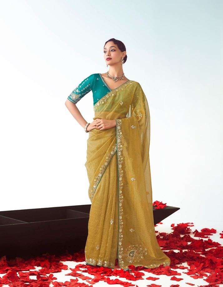 Mustard Fancy Saree With Embroidery