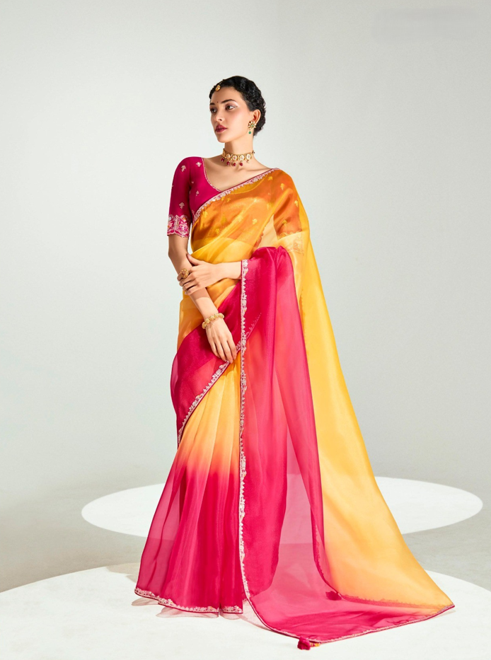 Red Orange Organza Tissue Saree