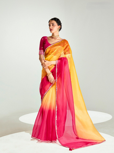 Red Orange Organza Tissue Saree