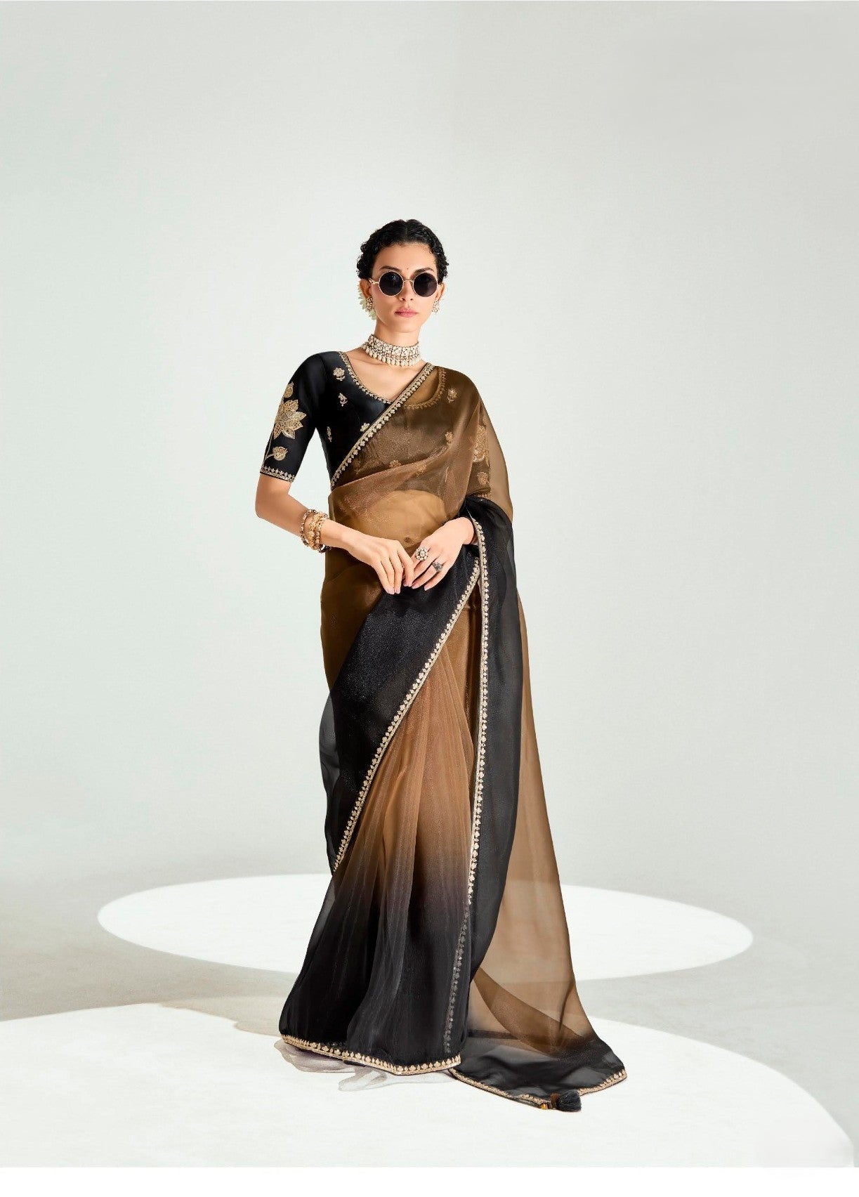 Black Brown Organza Tissue Saree