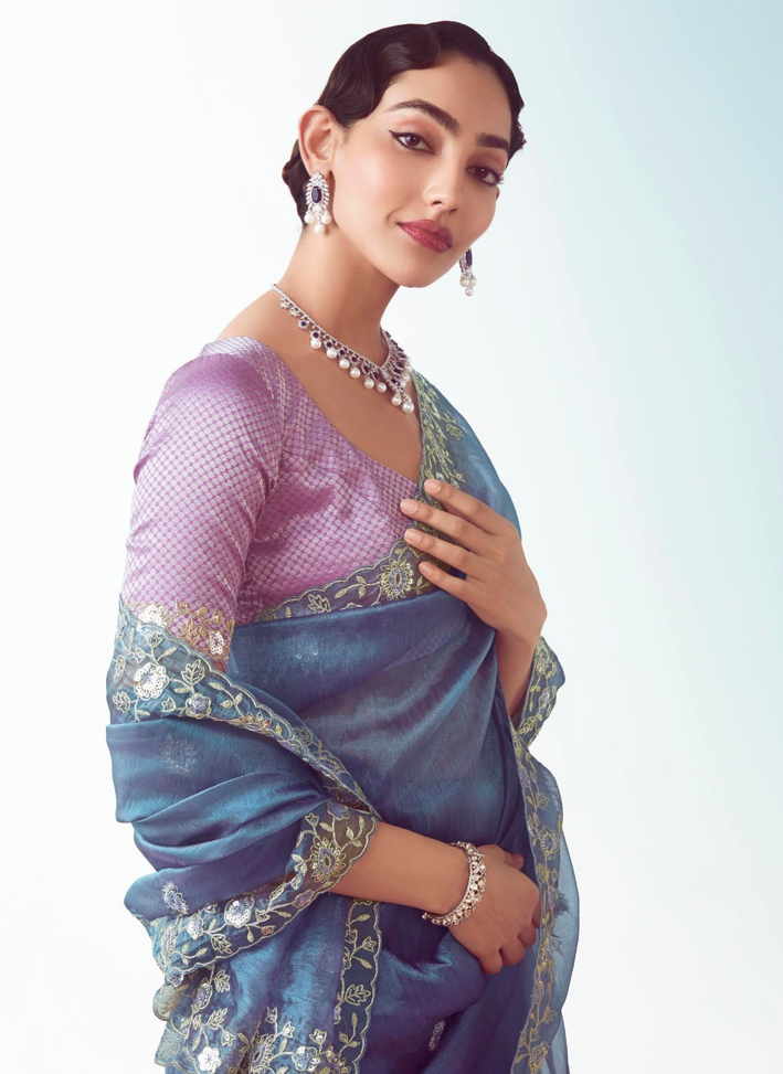 Steel Blue Fancy Saree With Embroidery