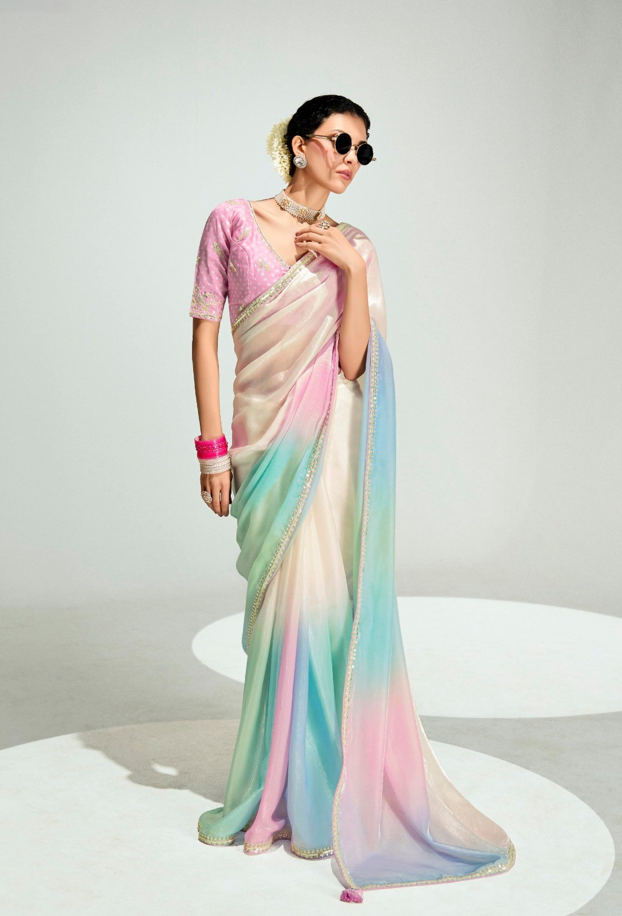 Pastel Pink Blue Organza Tissue Saree