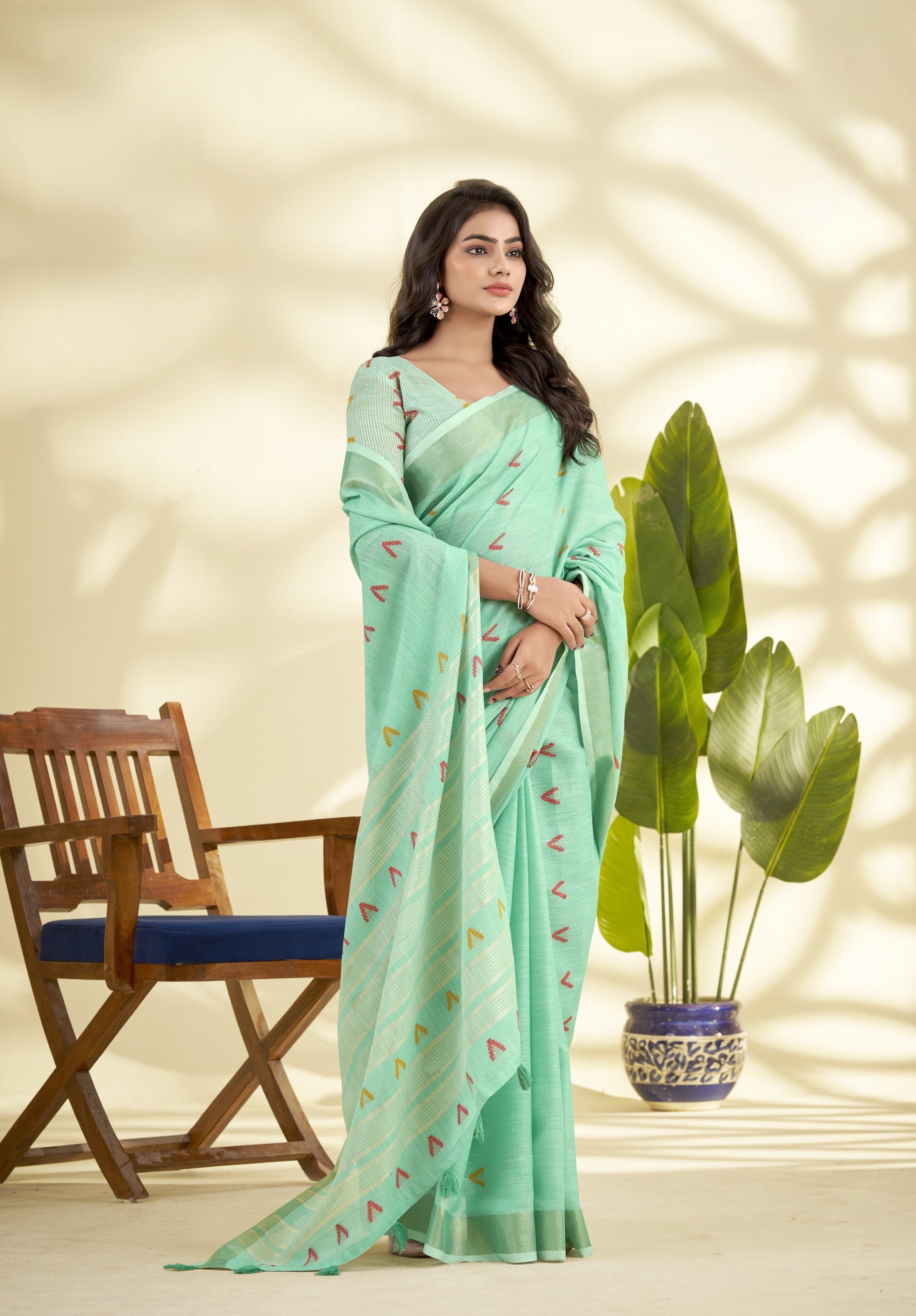 Sea Green Linen Saree