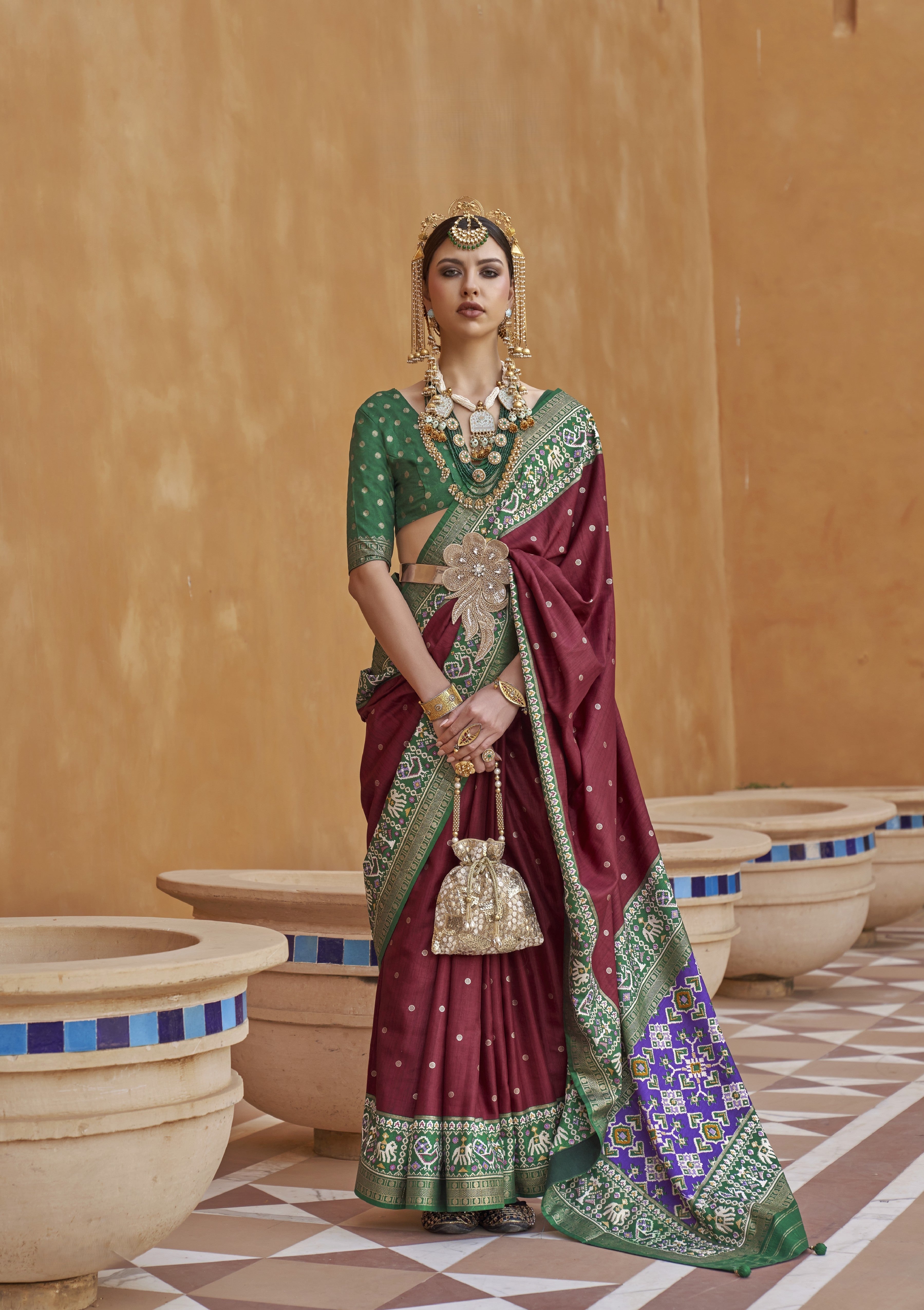 Maroon Silk Saree With Patola Border