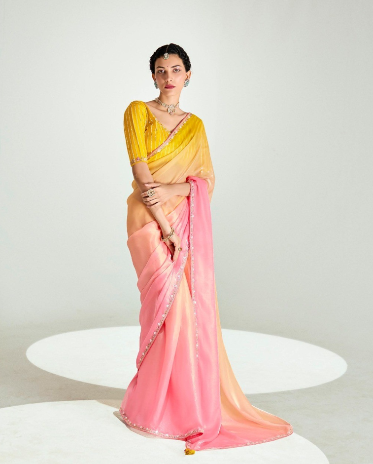 Peach Yellow Organza Tissue Saree