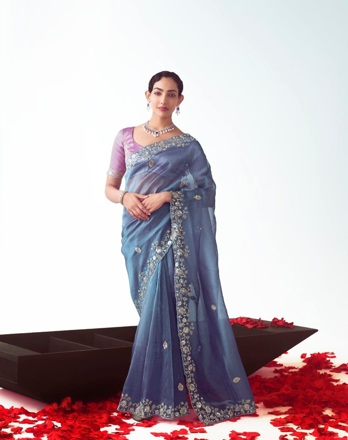Steel Blue Fancy Saree With Embroidery