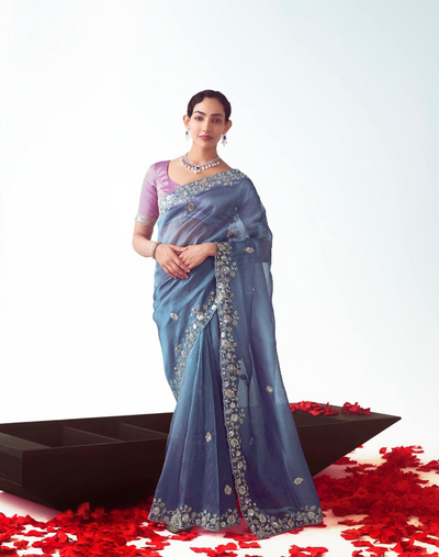 Steel Blue Fancy Saree With Embroidery