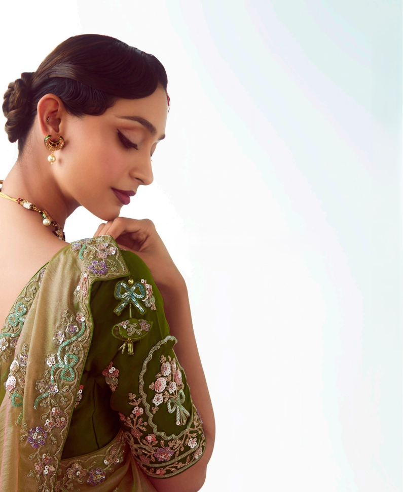 Olive Green Fancy Saree With Work Blouse