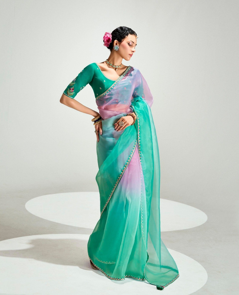 Turquoise Pink Organza Tissue Saree