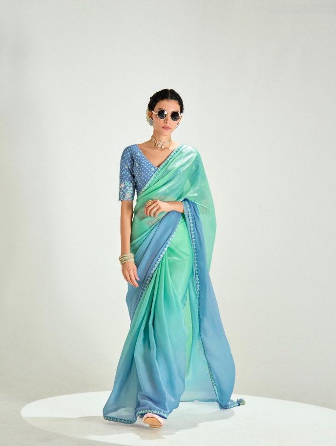 Sky Blue Mint Organza Tissue Saree