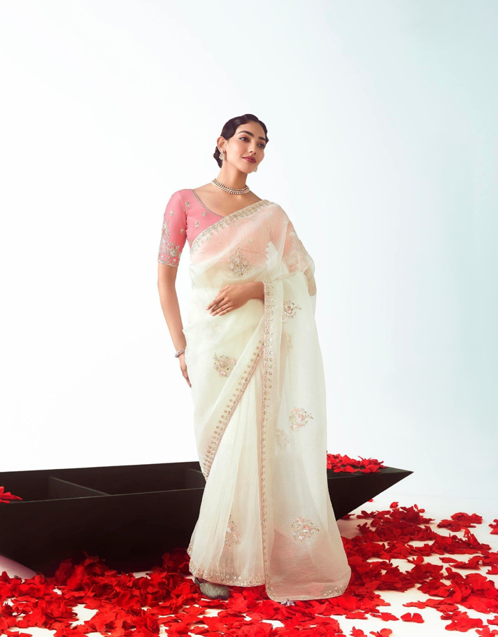 Off White Fancy Saree With Pink Blouse