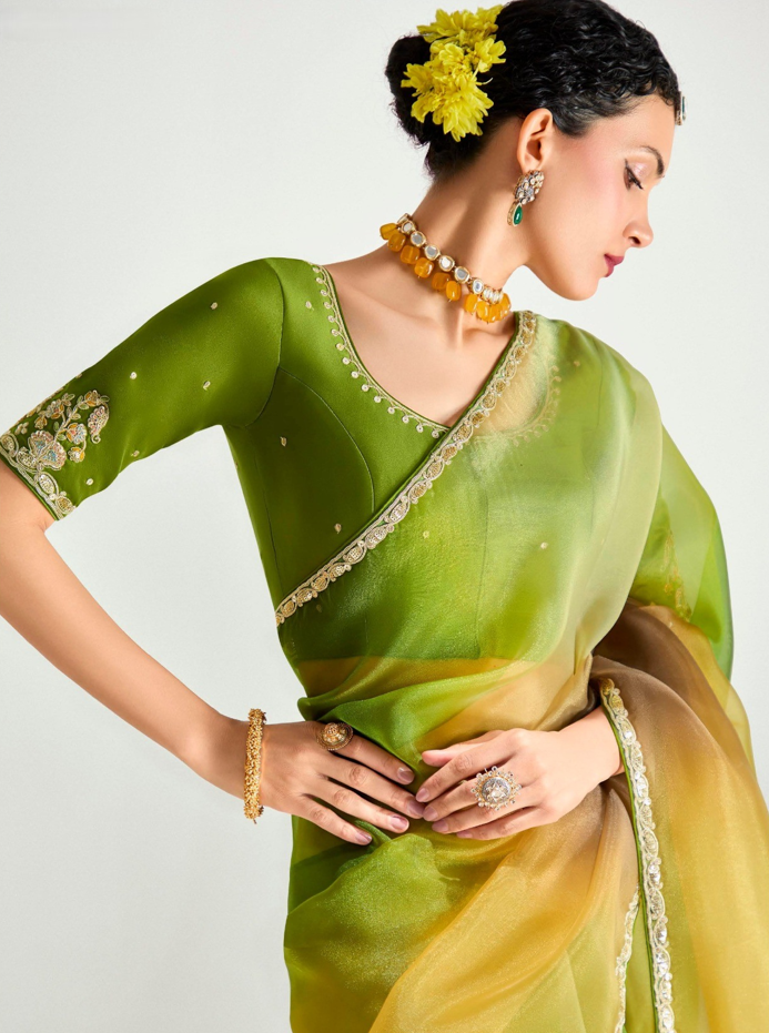 Olive Mustard Organza Tissue Saree